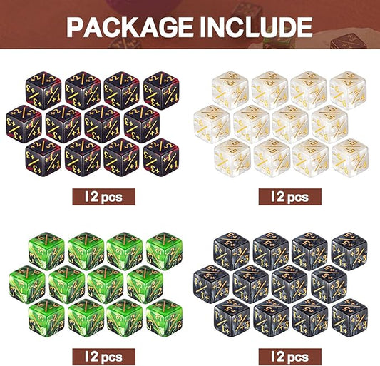 Sumind 48 Pcs Magic Life Counter Dice -1/+1 Counters Commander Buff Tokens 6 Sided Dice Loyalty Life Gifts Compatible with MTG CCG TCG Cards Gaming Accessory (Composite Style)