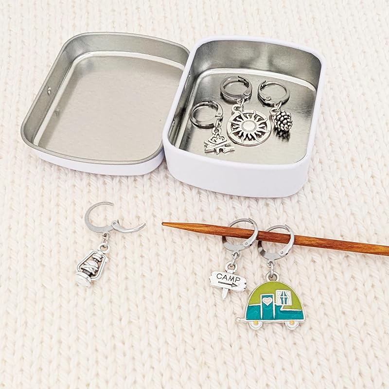 Go Camping Locking Stitch Markers with Storage Case | Crochet Stitch Markers & Removable Knitting Progress Keepers | Camper, Campfire, Lantern & Pinecone Charms | Handmade by Pretty Warm Designs