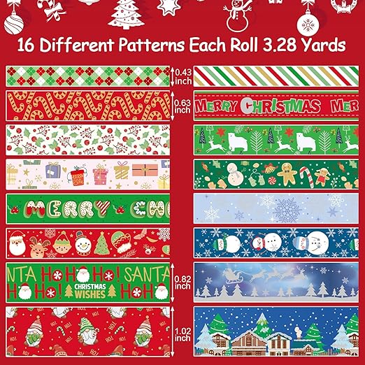 16 Rolls Christmas Washi Tape Holiday Masking Tape Red Green Christmas Wrapping Tape Glod Silver Foil Decorative Tape for Christmas Scrapbook Journal DIY Craft Gift Wrapping(Xmas