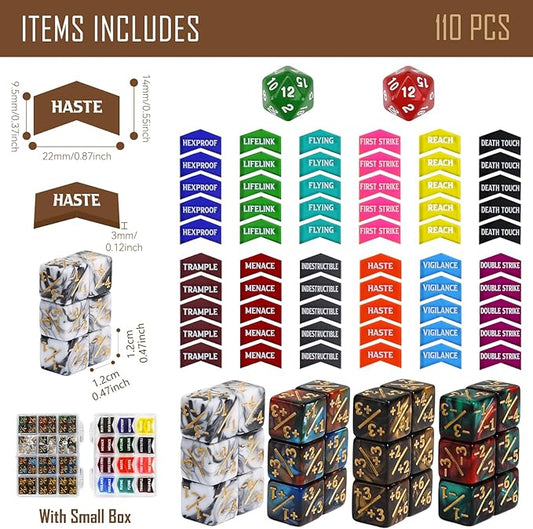 110PCS MTG Tokens & 12mm Magic Counter +1/+1 MTG Dice Set, Buff Ability Keywords Tokens Life Counters 6 Sided Dice, Compatible with Magic The Gatering CCG TCG Magic Card Game Accessories