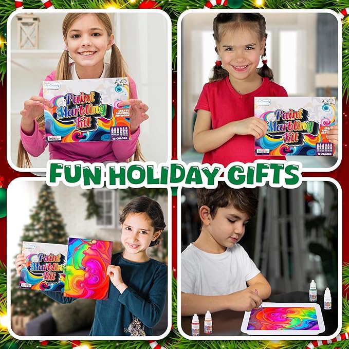 ArtCreativity Water Marbling Paint Art Kit for Kids - Complete Set with 12 Paint Colors, 10 Bags Thickening Powder, 10 A5 Papers, and More - Marble Art Painting Kit - Crafts for Kids Ages 3 and Up