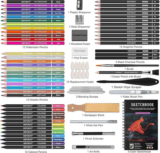 HIFORNY 176 PCS Art Supplies Drawing Set Sketching Kit with 100 Sheets 3-Color Sketchbook,Graphite Colored Charcoal Watercolor & Metallic Pencils,Blending Tools and More, for Beginner Artists
