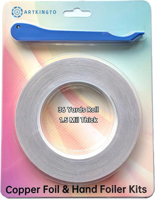 1/4 Inch Silver Backed Copper Foil for Stained Glass, 1.5 Mil Thick, 36 Yards 2 Rolls, with Copper Foil Hand Foiler