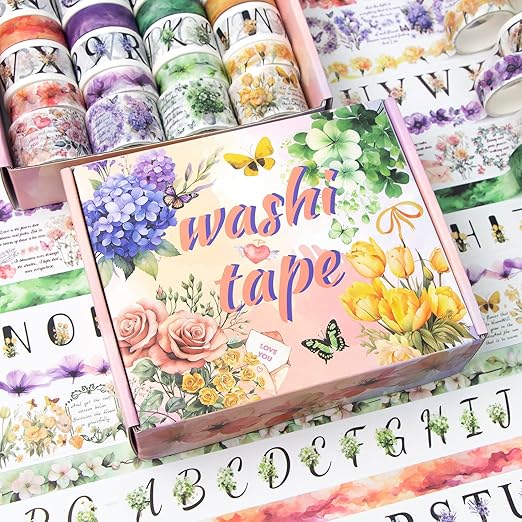24 Rolls Washi Tape Set - Floral Alphabet Themed Decorative Masking Tape, Adhesive Artists Tape for Journaling Supplies, DIY Craft, Scrapbooking Supplies, Gift Wrapping, School Supplies