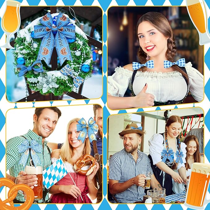12 Rolls Oktoberfest Wired Edge Ribbon for Wreaths 2.5 Inch x 30 Yards Blue and White Print Grosgrain Ribbon Bavarian German Beer Crafts for Oktoberfest Party Decorative Supplies, 12 Styles