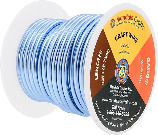 Mandala Crafts 8 Gauge Anodized Aluminum Craft Wire for Jewelry Making - 32 FT Colored Flexible Ice Blue Wire - Bendable for Bonsai Armature Crafting Sculpting