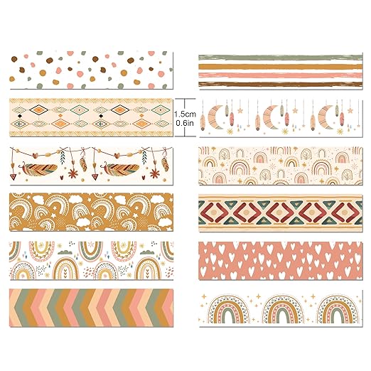 12 Rolls Washi Tape Boho Washi Tape Set Vintage Rainbow Sun Stars Masking Tapes Decorative Paper Stickers Decorative Tapes for DIY Art Crafts Wrapping Decor Junk Journal Scrapbooking Gifts Stickers