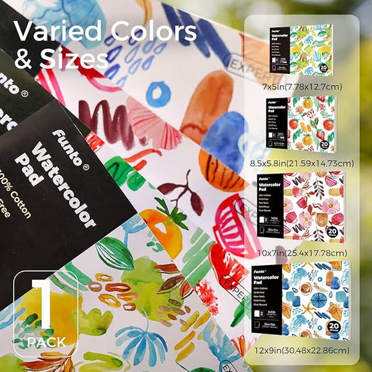 Funto Watercolor Pad, 10×7", 20 Sheets, 140lb/300gsm, 100% Cotton, Cold Press, Glue Bound, Double-Sided, Easy Tear Heavyweight Art Paper for Painting