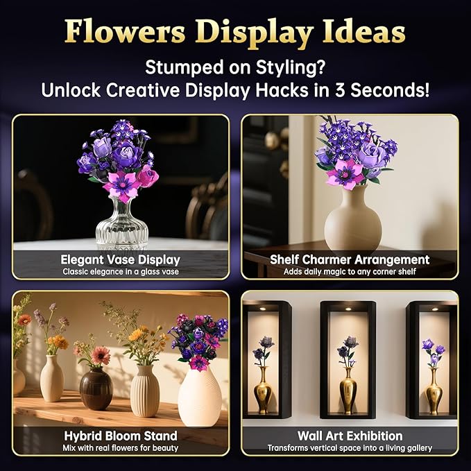 Gothic Rose Bouquet Building Set, Compatible with Lego Flowers, Halloween Botanical Collection for Home Decor, Creative Gifts for Valentine’s Day, Birthday & Teen Girl Gifts