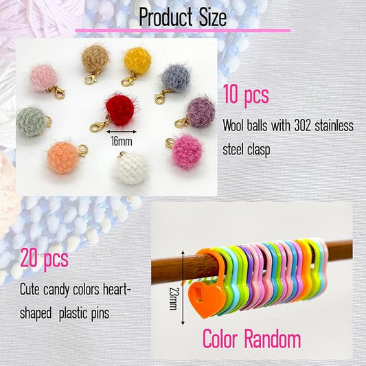 10 Pcs Cute Wool Ball Stitch Markers for Crocheting with Alloy Lobster Clasps & 20 Pcs Heart-Shaped Knitting Markers,for Knitting & Crochet Supplies,Suitable for Various Yarn thicknesses.