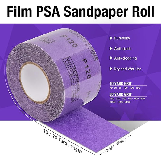 150 Grit PSA Purple Film Ceramic Sandpaper Roll, 2-3/4" Wide Continuous 10 Yard Longboard Sanding Roll Wet Dry Sanding Blocks Self Adhesive Sticky Back Sanding Sheets for Woodworking Automotive