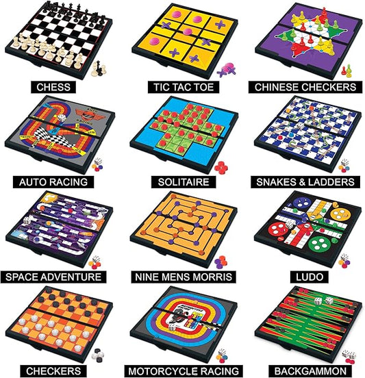 Gamie Magnetic Board Travel Games for Kids, Set Includes 12 Retro Fun Games - 5" Compact Design - Individually Boxed - Teaches Strategy & Focus, Great for Road Trip/Travel/Camping, Gift for Ages 6+