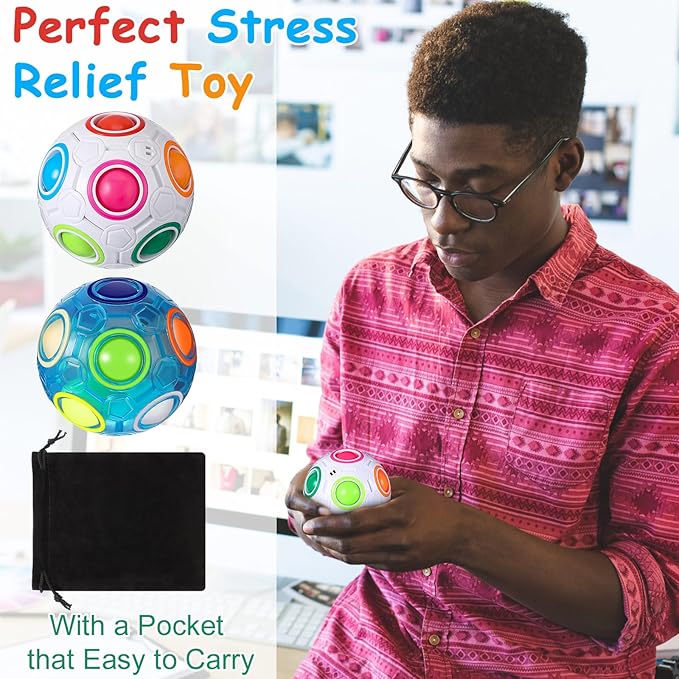 12 Pack Rainbow Puzzle Ball Magic With 2 Pcs Pouches Fidget Toy for Boys and Girls Speed Cube Funny Stress Reliever for Kids Teen and Adults (White, Blue)