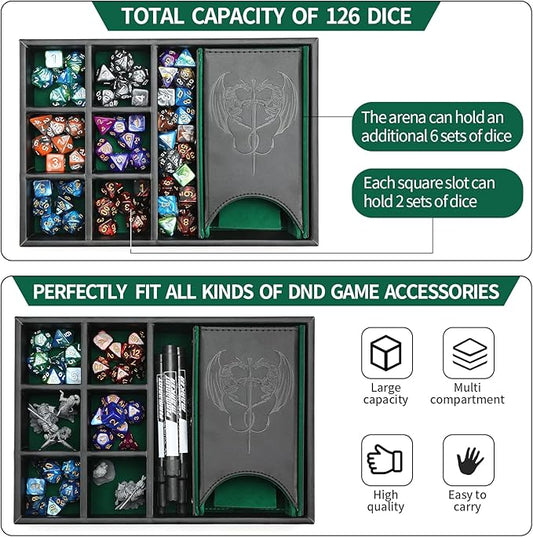 3 in 1 Dice Tray with Lid, Portable Dice Box Storage, D&D RPG MTG Table Games (Green)