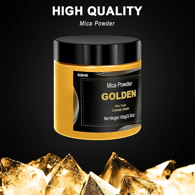 Golden Mica Powder Pigment (100g) -Cosmetic Grade Metallic Mica Powder for Epoxy Resin, Lip Gloss, Soap,Candle Making, Bath Bombs,Tumblers, Jewelry, Dyes, and DIY Crafting Projects(Golden, 3.5oz)