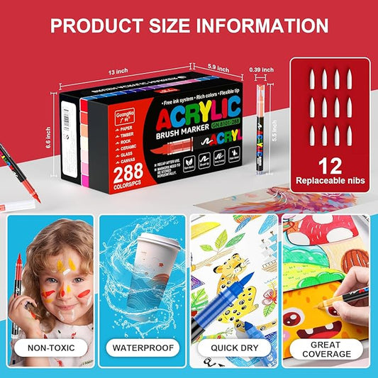 288 Colors Acrylic Paint Markers Soft Brush Tip, Water-Based Paint Pens with Automatic Ink Control System, Odorless, Waterproof, Quick-Dry, Lightfast, for Rock Painting, Canvas, Wood, Egg & DIY Crafts
