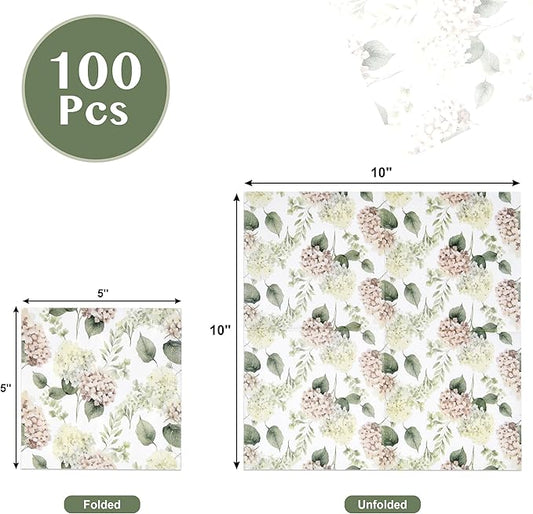 100 Pcs Hydrangea Scatter Floral Cocktail Beverage Napkins Hydrangeas Flowers Disposable Paper Dessert Napkin for Spring Summer Birthday Party Supplies