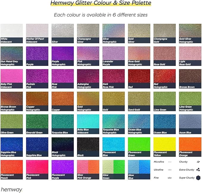 Hemway Polyurethane & Epoxy Resin Glitter Box (Pack of 54) | Fine Metallic Flakes Shaker Set for Arts & Crafts | Assorted Colour Craft Supplies for Making Cards, Jewellery, Tumblers & Coasters