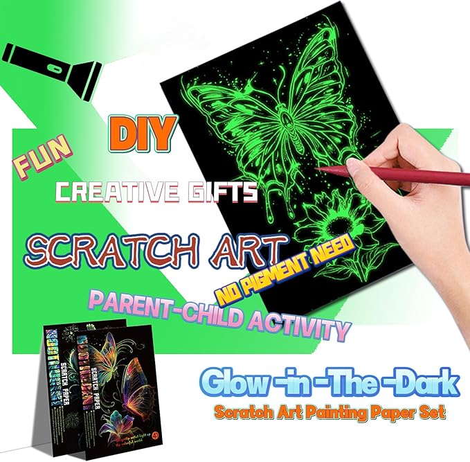 Scratch Paper Art for Adults-Glow in The Dark Scratch Painting Craft Kit (8 Sheets A4)|Foil Engraving Art Set|Stress Relief Gift for Craft Lovers|Creative Scratch Art Home Decor(Butterfly&Peacock)