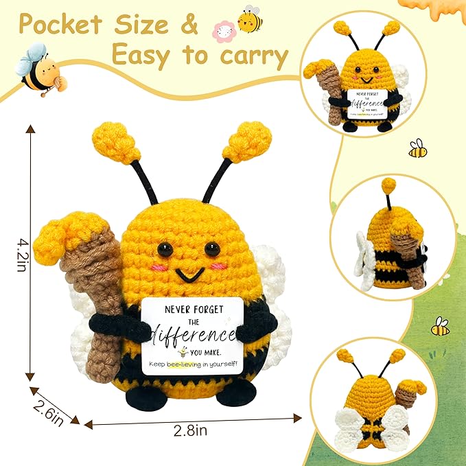 Funny Birthday Gifts for Women Men - Crochet Bee Animals with Positive Card, Appreciation Gifts for Coworker Boss Friend Sister, Inspirational Relaxation Gift Emotional Cheer Support Crochet Bee