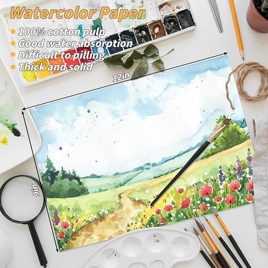 150 Sheets 100% Cotton Watercolor Paper Bulk -140LB/300GSM Art Paper-9 x 12 inch Painting & Craft Paper, Finger Paints, Watercolor, Tempera, Drawing, Art Room & Home School Crafts