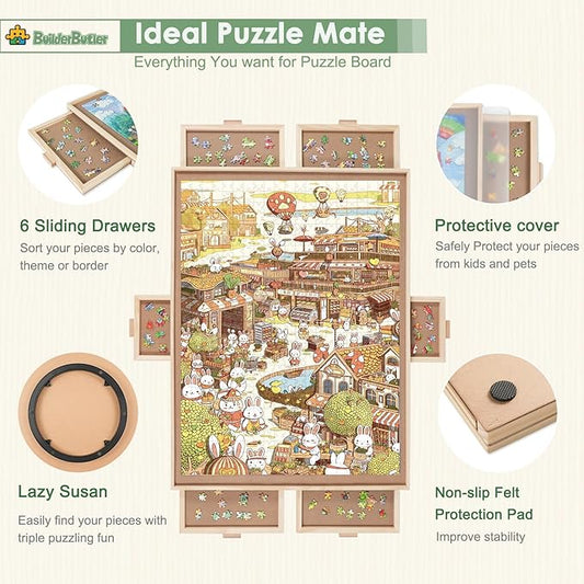 1500 Pieces Rotating Puzzle Board with 6 Drawers,34.25"x25.2" Portable Wooden Jigsaw Puzzle Table with Lazy Susan Spinning Cover