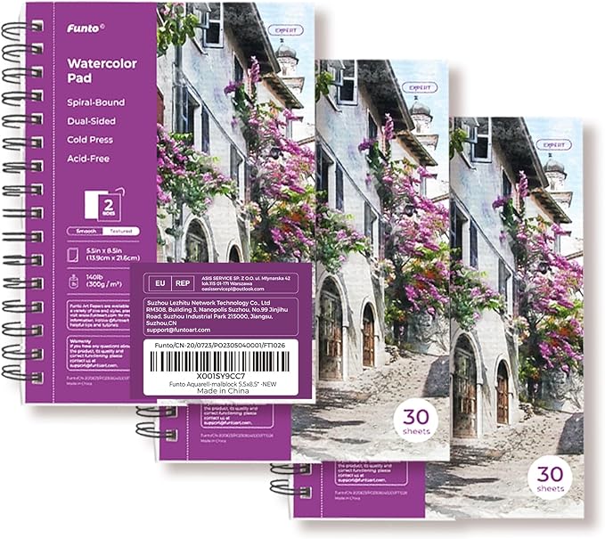 Funto Watercolor Pad 5.5x8.5, 3 Pack, 90 Sheets,140lb/300gsm, Double-Sided, Cold Press, Spiral Bound, Heavyweight Paper for Watercolor Painting