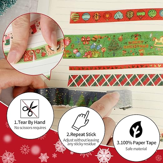16 Rolls Christmas Washi Tape Holiday Masking Tape 4 Sizes Red Green Christmas Wrapping Tape Glod Foil Decorative Tape for Christmas Scrapbook Journal DIY Craft Gift Wrapping(Christmas