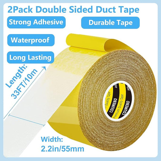 2 Pack Double Sided Tape Heavy Duty Strong Wall Adhesive with Fiberglass Mesh, Super Sticky Resistente Clear Tape, Easy Use Mounting Tape 2.2inX33FT