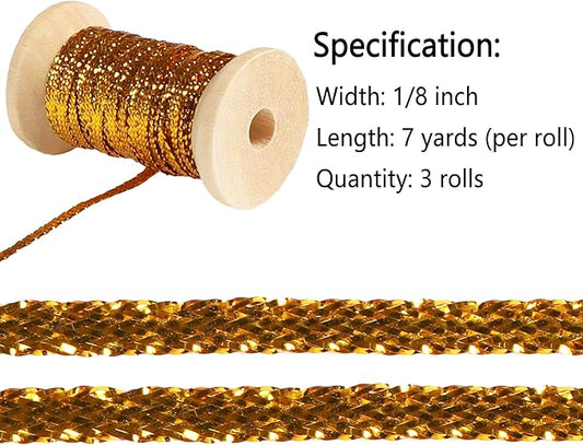 Gold Thin Ribbon 1/8 inch Metallic Braided Double Faced Ribbons Curling Ribbons for Balloon String Crafts Gift Wrapping Party Wedding Christmas Ornaments Decoration 7 Yard x 3 Rolls