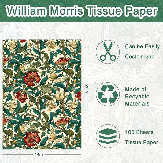 100 Sheet William Morris Tissue Paper, 20x14 inch Vintage Blue Green Floral Printed Wrapping Paper Seamless Print Botanical Flower Tissue Paper for Birthday Wedding Bridal Shower Tea Party DIY Craft