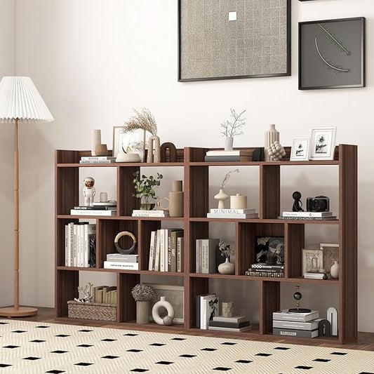 Giantex 7 Cube Bookshelf of 2, Free-Standing Wooden Bookcase, 4 Tier Home Display Shelf, Horizontal Storage Unit w/Anti-Toppling Devices, Open-Back Display Rack for Study, Living Room, Walnut