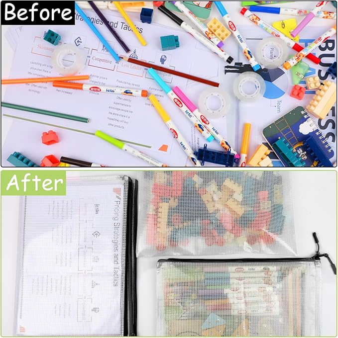 24pcs Mesh Zipper Pouches, A3 Size 17 x 12 inches Waterproof Black Zipper Bags, Water-Resistant Plastic Zipper Pouch for School Office Supplies, Puzzles & Games Organizing Storage