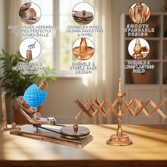 Handmade Wooden Yarn Ball Winder & Table Top Swift for Knitting & Crocheting, Wool String Center Pull (Antique Winder+Swift Set)