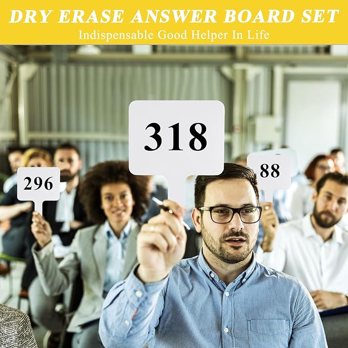 10 Pcs Dry Erase Answer Paddle, 10 x 8 Inch Auction Paddles with Markers and Erasers, Handheld White Board with Handle for Teaching Meeting Bidding Voting Games (Double Sided)
