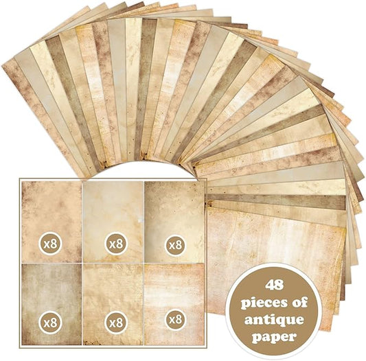 100GSM 48Sheets Vintage Antique Printing Paper, A4 8" x 11" Double-sided Old Looking Parchment Aged Paper for Letter Writing, Scrapbooking,Handmade Craft,Resume,Certificate