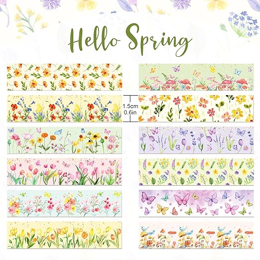 12 Rolls Spring Floral Washi Tape Set, Butterfly Tulip Flower Masking Tapes, Summer Decorative Paper Tape for Scrapbooking Journaling DIY Crafts Gift Packaging 16.4FT