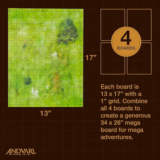 GSM Brands Battle Mat with Grid for Dungeons Role Playing Tabletop Dragons Game - 4 Pack Open Plains Setting Dry Erase Battle Boards, Non-Skid Back (17x13 Inches Each Makes 34x26 Board)