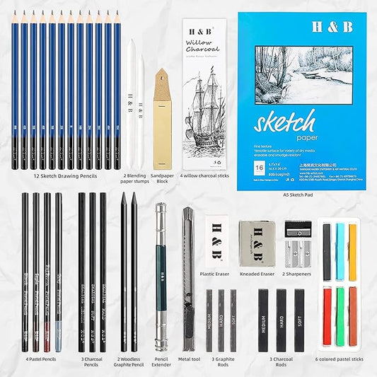 H & B 48 Professional Sketching Pencils and Drawing Kits, Including Sketching Pads, Graphite Pencils, Pencil Sharpener and Eraser, Artist's Art Supplies for Artists Beginner Adults