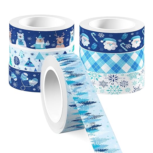 12 Pcs Christmas Washi Tape Blue Snowflake Print Masking Tape Frozen Pattern Decorative Paper Sticker for Christmas Party Holiday Scrapbook Handbook Sticker