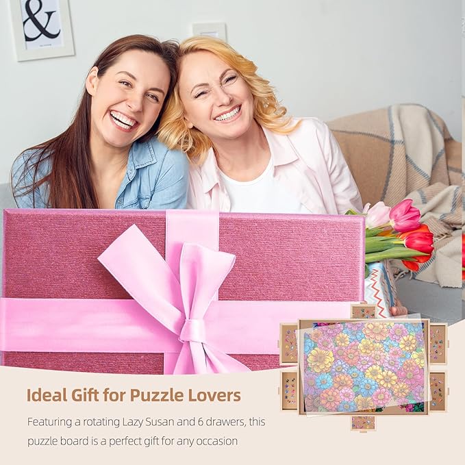 1500 Pieces Rotating Puzzle Board with 6 Drawers, Lazy Susan & Transparent Cover, 34.2"x25.2" Portable Wooden Jigsaw Puzzle Board, Great Gift for Puzzle Enthusiasts