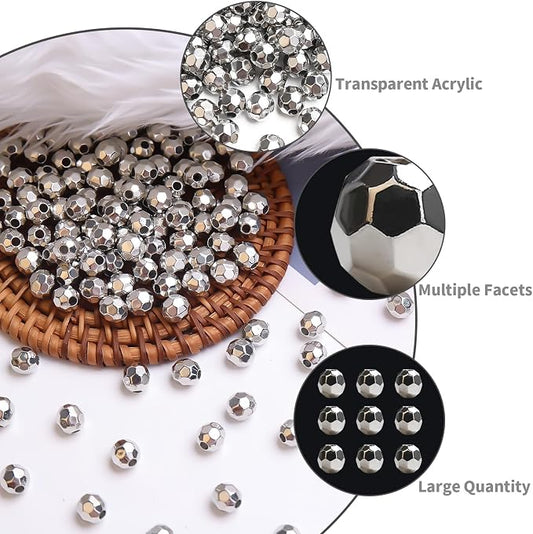 BONNY BOXX 500pcs 8mm Acrylic Faceted Round Crystal Beads Silver Loose Spacer - Image 2