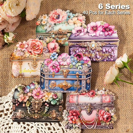 240Pcs PET Scrapbook Stickers Vintage Floral Designs for Scrapbooking DIY Crafts Waterproof Journaling Supplies Junk Journal Ephemera with Storage Organizer