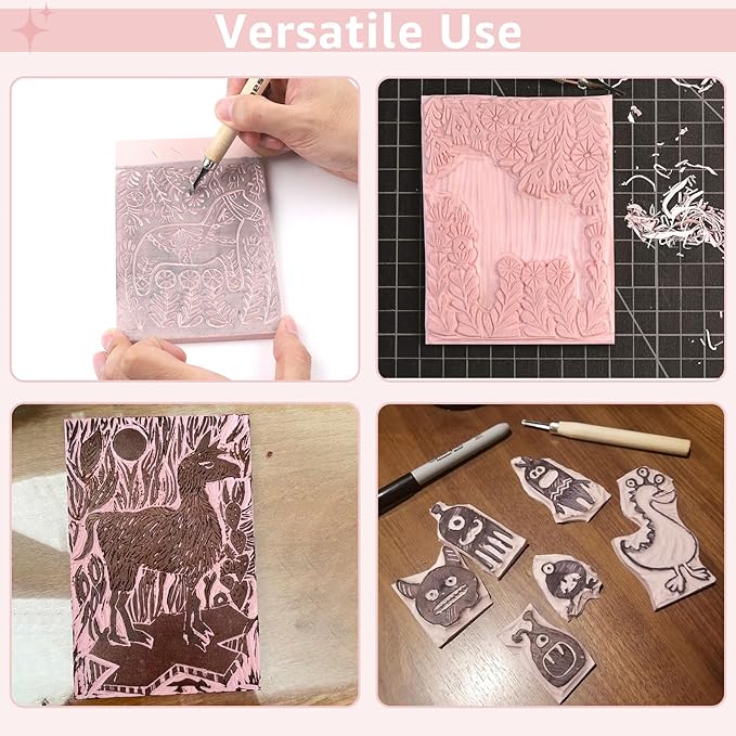 10 Pack Rubber Stamp Making Kit - Block Printing Kit,Linoleum Carving Tools with 8 Type Blades, 8 Pcs Pink Rubber Carving Block and Rubber Brayer Roller