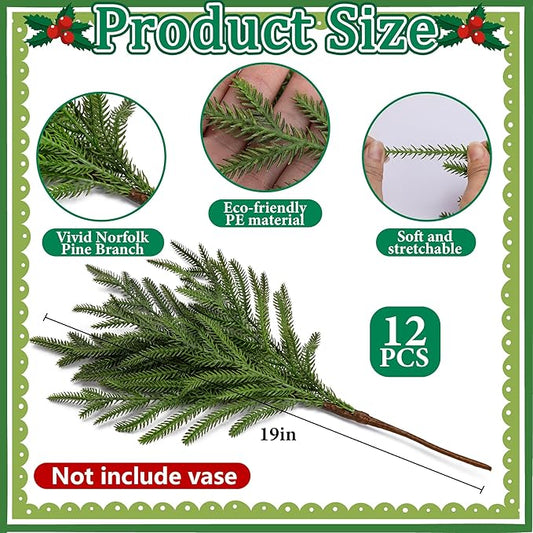 15 Pcs Christmas Norfolk Pine Branches with Red Berry Stems, 19" Extra Long Fake Greenery Norfolk Pine Stems Sprigs, Artificial Xmas Branches Plants Pine Leaves for DIY Craft Garland Home Decor