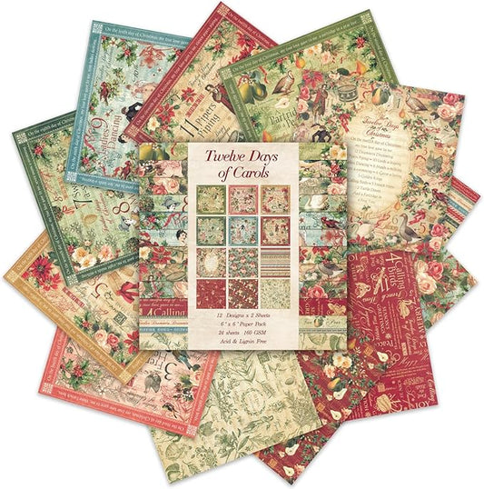 24 Sheets 12 Designs Scrapbook Paper Pad,6"×6” Single-Sided Decopodge Craft Cardstock Paper,Scrapbooking DIY Decorative Background Cardmaking Supplies.Carols