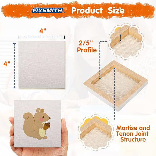 FIXSMITH Mini Stretched Canvas for Painting - 24 Pack 4 x 4 Inch, 2/5” Profile Small Square Canvases, 100% Cotton Blank Canvas, Home Decor Project, Art Supplies for Acrylic Oil Painting