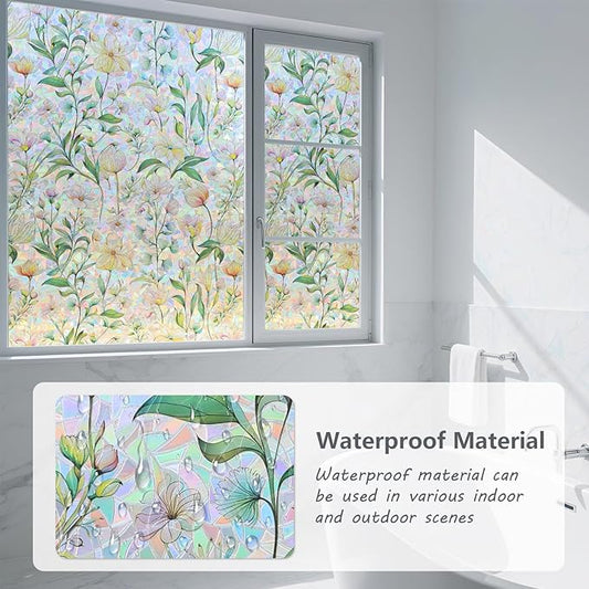 FINNEZ Window Privacy Film Stain Glass Film Flowers Rainbow Window Film Window Clings Non-Adhesive Reusable Decorative for Home(Forest Rainbow,35.4 Inch x 6.5 Feet)