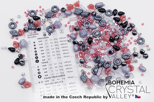 2.1oz (60 g) Mix of Unique Czech Bohemia Glass Pressed Beads, Matte and Glossy, Hand Made, Pink Gray Black Hematite