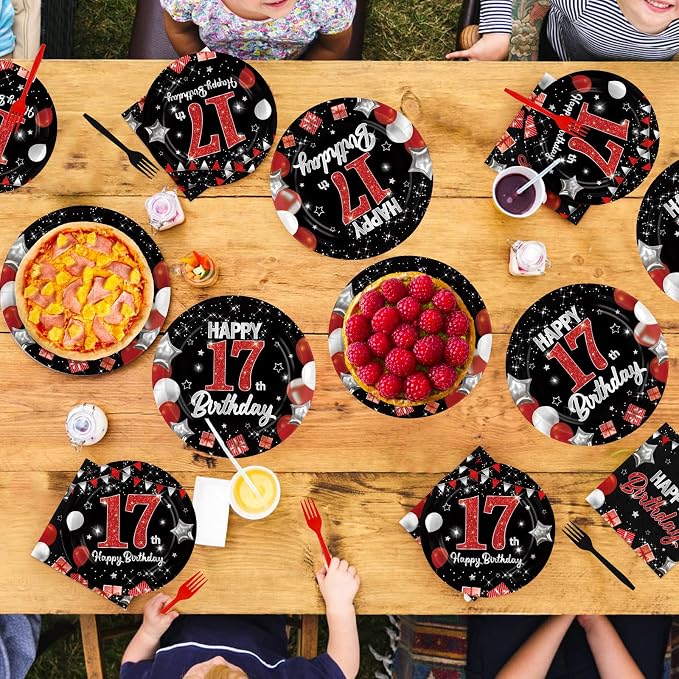 96Pcs Red and Black Party Decorations Happy 17th Birthday Plates and Napkins - Image 8